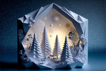 Blue and White Papercraft Winter Scene Winter Wonderland covered in Snow Snowstorm with yellow warm light and glitter Generative AI