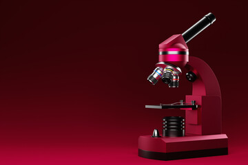 Realistic 3d microscope on magenta background, laboratory equipment. Microscope for laboratory research