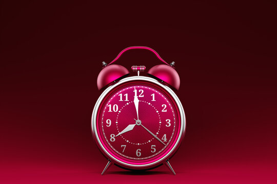 3d Illustration of a  magenta  alarm clock double bells in on a magenta  background. Conceptual image of an alarm clock, rendered 3d