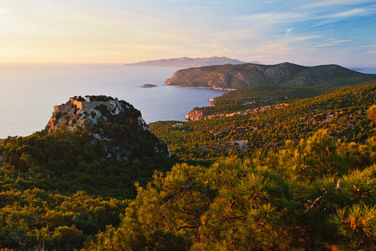 Monolithos Castle and Aegean Sea, Rhodes, Dodecanese, Aegean Sea, Greece, Europe