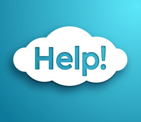 Help! closeup with white sky cloud internet bubble card label on blue background help concept internet storage online banner