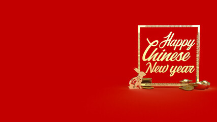 The gold rabbit and vintage Chinese money on red background  3d rendering
