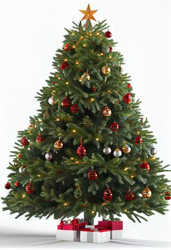 Christmas Tree Single Ornaments Lights Presents Vertical Flat White Background Image