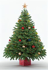 Fototapeta premium Christmas Tree Single Ornaments Lights Presents Vertical Flat White Background Image