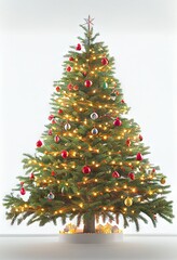 Fototapeta premium Christmas Tree Single Ornaments Lights Presents Vertical Flat White Background Image