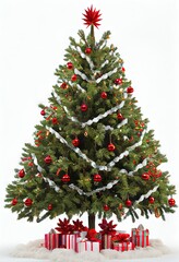 Christmas Tree Single Ornaments Lights Presents Vertical Flat White Background Image