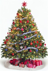 Christmas Tree Single Ornaments Lights Presents Vertical Flat White Background Image