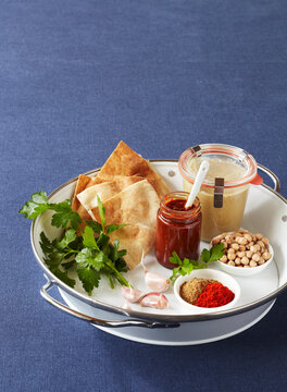 Middle Eastern Cuisine Ingredients, Blue Background, Studio Shot