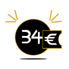 34€,thirty four euro inside black circle with golden border for web page and advertisement