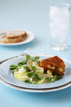 Apple, endive, watercress salad with a bread cheese sandwich triangle on a blue background