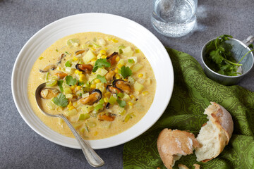 Bowl of seafood chowder with crusty bread on a grey table with a green napkin