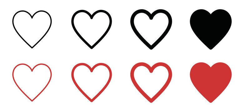 Red heart icons set. Black and red heart icon vector in flat and outline style for apps, websites and emoticon. Love heart sign, symbol illustration