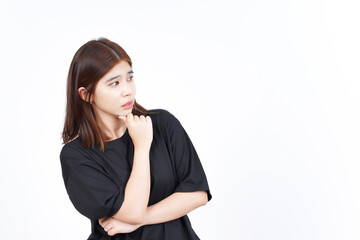 Look away and Thinking of Beautiful Asian Woman Isolated On White Background