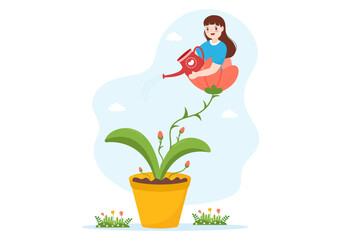 Personal Development with People Developing Mental Issues, Growth and Self Improvement as Plant in Flat Cartoon Hand Drawn Templates Illustration