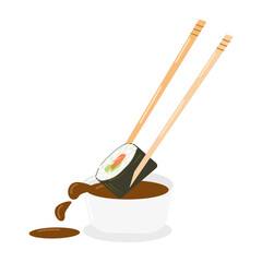 avocado rolls on bamboo rice sticks separately on sticks dipped in soy sauce