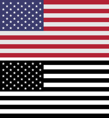 American flag graphic in color red white and blue and also black and white flag.