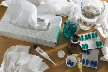 Tissues, Thermometer and Medicines
