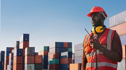 American African engineer or factory worker man using walkie talkie and check up goods at container cargo harbor.