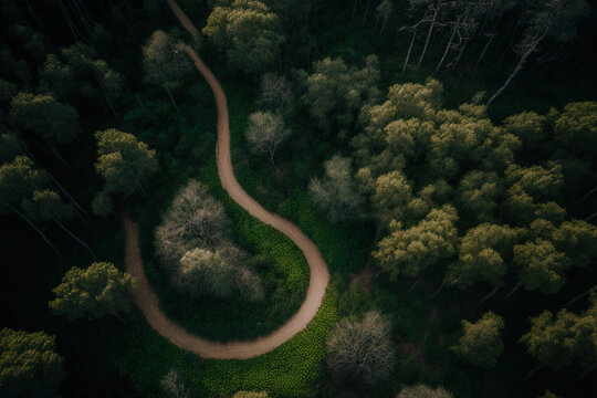 scenic overhead picture of a forest's twisting hiking trail. Drone view looking down on a wooded trail. A path in the center of a woodland seen from above. aerial picture of a wooded trail. Generative