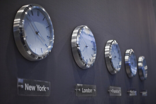 Clocks on Wall, Frankfurt Airport, Frankfurt, Darmstadt Region, Hesse, Germany