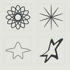 Fototapeta premium Vector Graphic Assets Set. Big collection of abstract graphic geometric symbols. Objects in y2k style. Stars, starburst . Vector illustration