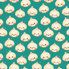Dumpling and gyoza seamless pattern vector drawing. Traditional Japanese dumplings with funny smiling faces.