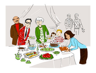 Illustration of Family at Buffet