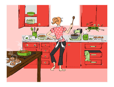 Illustration of Woman in the Kitchen Baking and Dancing