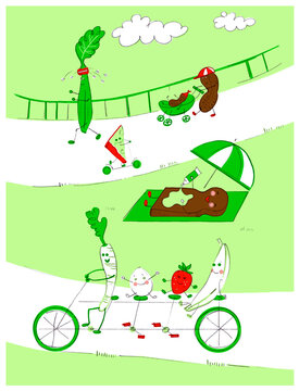 Illustration of Fruit and Vegetables Enjoying the Outdoors