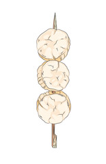 Vector black and white illustration of a Japanese kebab on a skewer. Asian cuisine wallpaper for menu, packaging, cafe, restaurant.