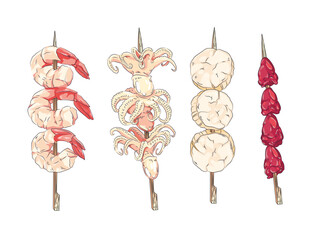 Vector black and white illustration of a Japanese kebab on a skewer. Asian cuisine wallpaper for menu, packaging, cafe, restaurant.