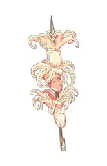 Vector black and white illustration of a Japanese kebab on a skewer. Asian cuisine wallpaper for menu, packaging, cafe, restaurant.