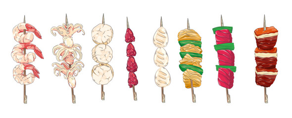 Vector black and white illustration of a Japanese kebab on a skewer. Asian cuisine wallpaper for menu, packaging, cafe, restaurant.