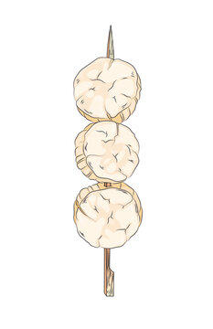 Vector black and white illustration of a Japanese kebab on a skewer. Asian cuisine wallpaper for menu, packaging, cafe, restaurant.
