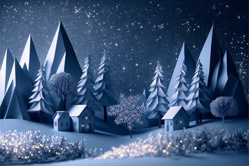 Blue and White Papercraft Winter Scene Winter Wonderland covered in Snow Snowstorm with white cool light and glitter  Generative AI