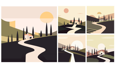 Tuscan Landscapes vector illustration set