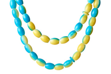 chain or necklace made of light blue and yellow color beads, string of plastic beads isolated, beauty,jewelry or accessory concept