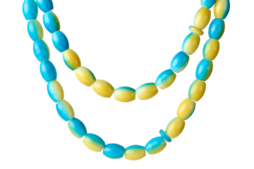 chain or necklace made of light blue and yellow color beads, string of plastic beads isolated, beauty,jewelry or accessory concept