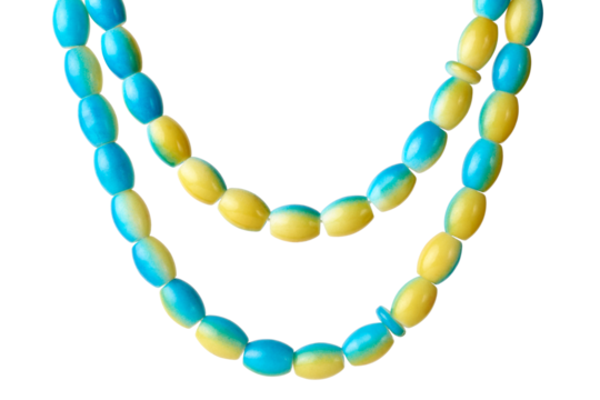 chain or necklace made of light blue and yellow color beads, string of plastic beads isolated, beauty,jewelry or accessory concept