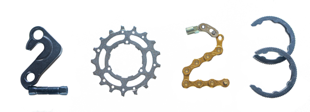 2023 concept number from bicycles part isolated on white background. For bike shop 2023 Happy New Year greeting card