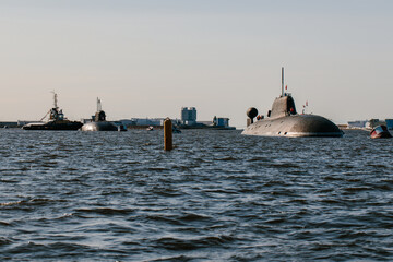 View from the water of nuclear submarines in the waters of the Gulf of Finland.Preparation for the...