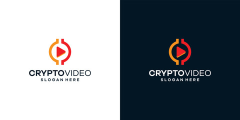 Coin crypto logo design template with play video button graphic design illustration. icon, symbol, creative.