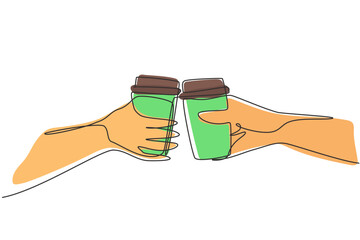 Continuous one line drawing couple is toasting with paper cup and drink coffee. Habit of drinking coffee in morning at home before doing activities. Single line draw design vector graphic illustration