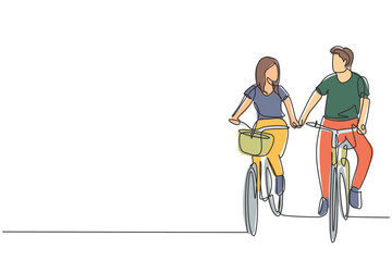 Continuous one line drawing happy couple cycling outdoors in summer. Romantic cycling couple holding hands. Togetherness of young husband and wife. Single line draw design vector graphic illustration