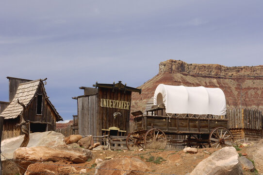 Exterior of Wild West Buildings and Covered Wagon, Utah, USA