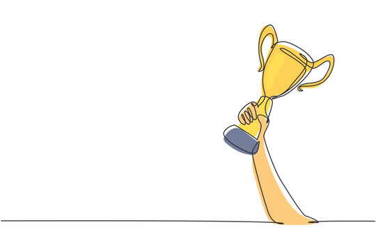 recommend clip art: Single continuous line drawing gold trophy held by one hand. Symbol of winning championships, matches and sports competitions. Best achievement ever. One line draw graphic design vector illustration