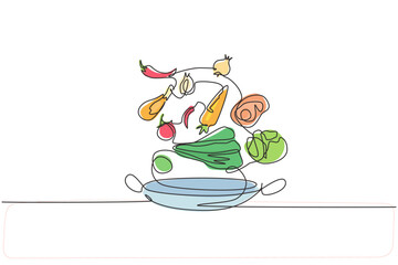 Continuous one line drawing beautiful Arabian woman pouring orange juice into glass from bottle while having breakfast at home. Healthy lifestyle. Single line draw design vector graphic illustration