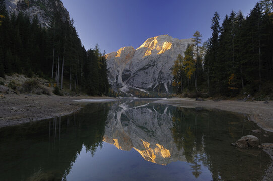Croda Del Becco Reflected in Braies Lake, Fanes Alps, Fanes-Senes-Braies Natural Park, South Tyrol, Italy