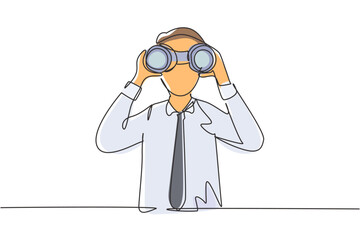 Single continuous line drawing young businessman looking through binoculars searching for job. Find all opportunities in the world of suitable jobs. One line draw graphic design vector illustration