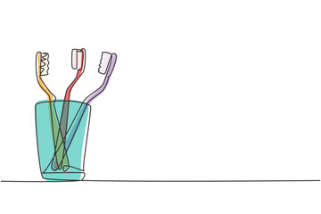 Single continuous line drawing several toothbrushes in glass. Dental care equipment at home. Brushing teeth. Teeth care concept. Oral care center. One line draw graphic design vector illustration